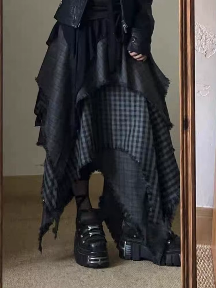 Jupe femme à carreaux irréguliers 2025 Faldas Mujer De Moda taille haute a-ligne glands Jupe mode Sa