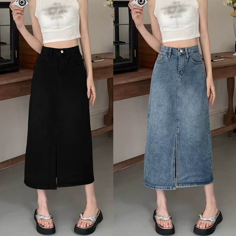 Jupe en jean taille haute pour femme, mode été 2025, coupe trapèze mi-longue avec fente, en mélange 