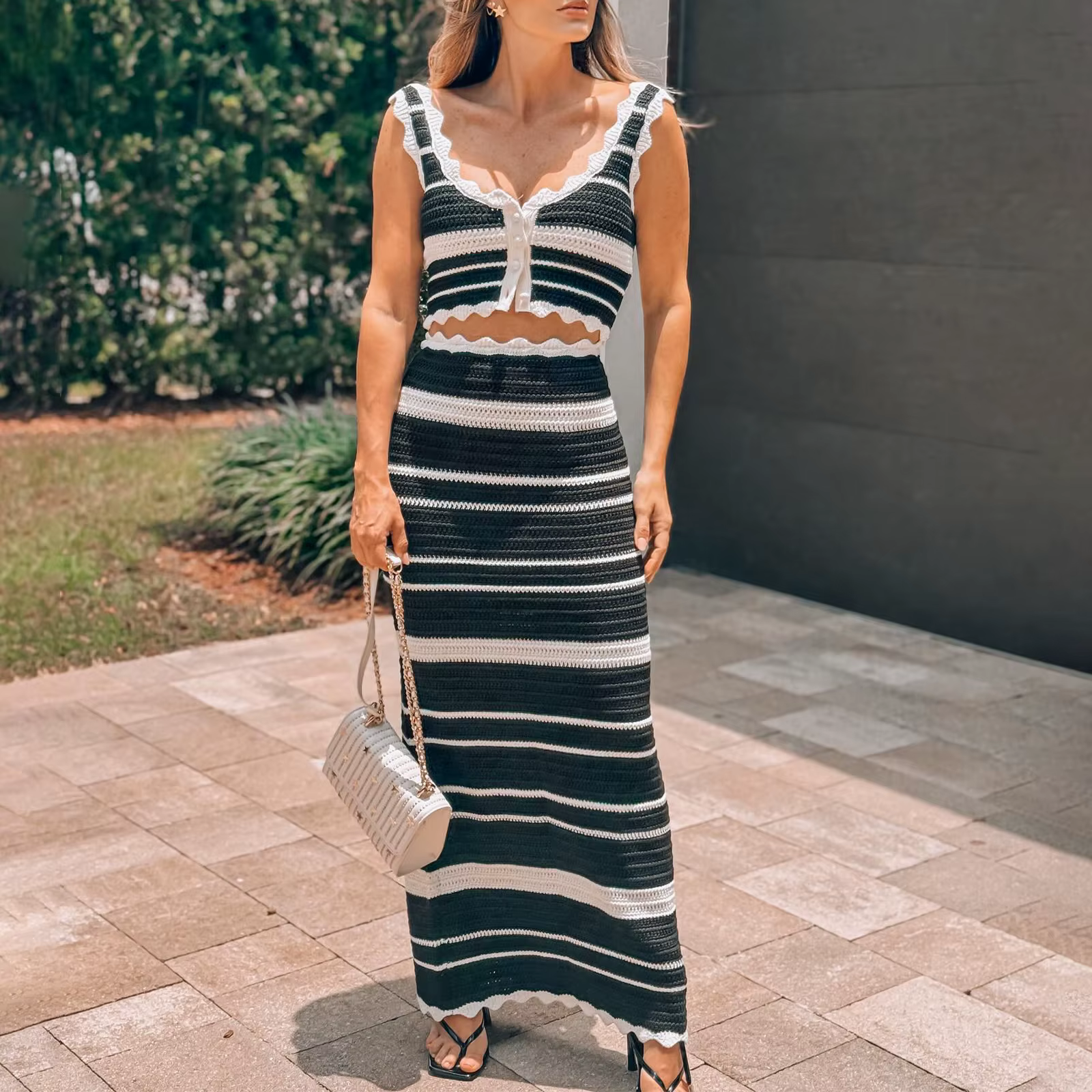 Ensemble Jupe et Haut à Rayures pour Femme, Tenue Élégante, Fermeture à lèvent, Précieux, Taille Hau