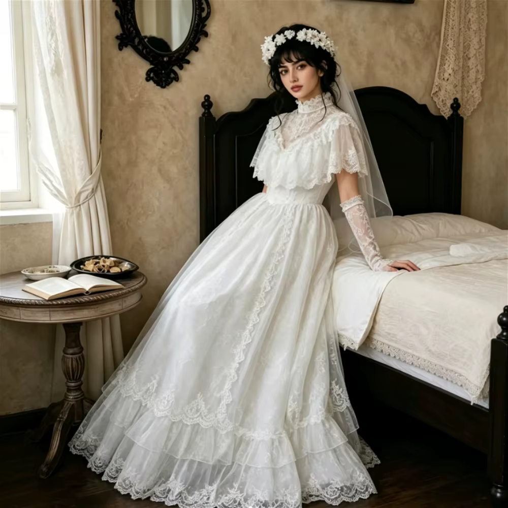 Robes de mariée bohèmes personnalisées, en dentelle, à manches longues, col haut, pour les vacances