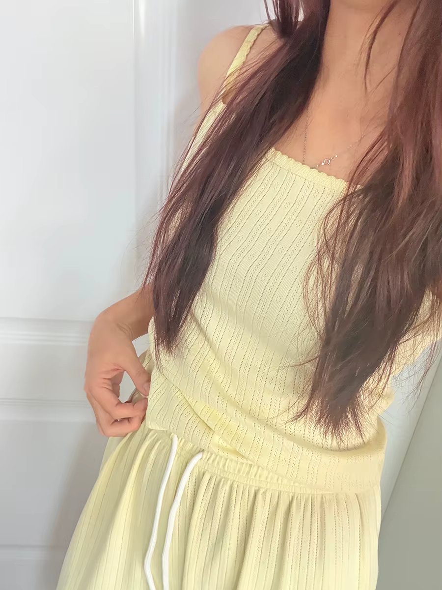 Ensemble 2 pièces à œillets jaune beurre pour femmes, nouveau coton doux, garniture en dentelle, déb