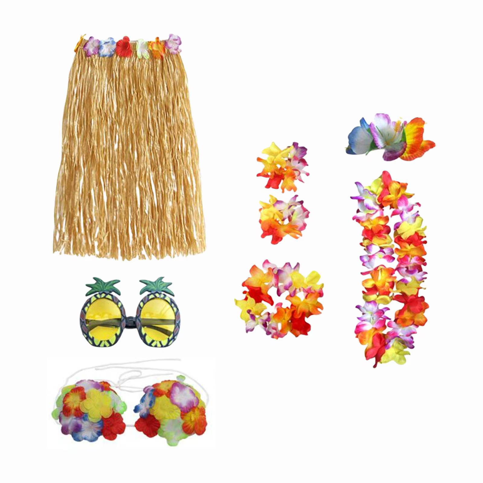 Ensemble de costume jupe hawaïenne tropicale avec accessoires et bandeau réglable pour femme, tenue 