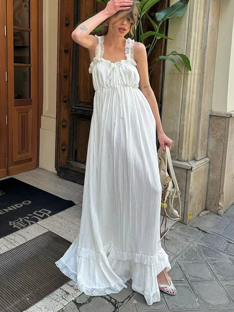 Robe longue débardeur en dentelle pour femmes, col en V, sans manches, dos nu, taille Empire, à vola