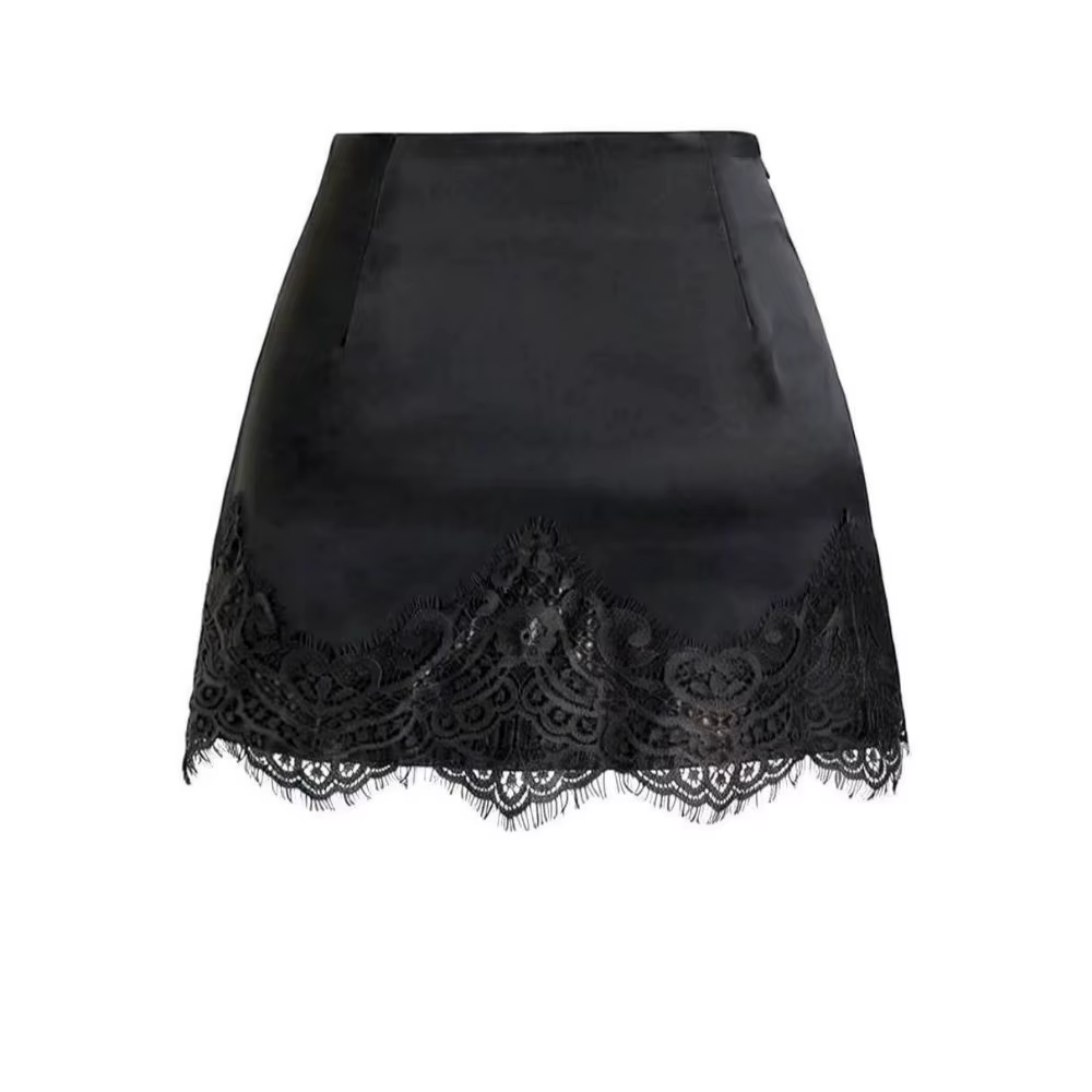 Jupe Courte Droite Asymétrique en Satin de Soie Unie avec Bordure en Dentelle – Idéale pour le Burea