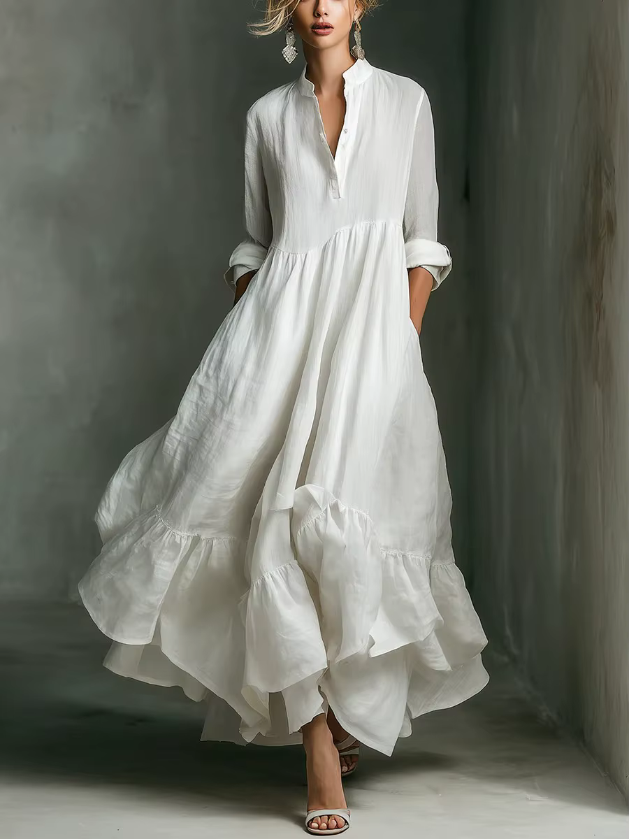 Robe longue élégante blanche unie pour femme, avec boutons et ourlet à volants, style bohème vintage