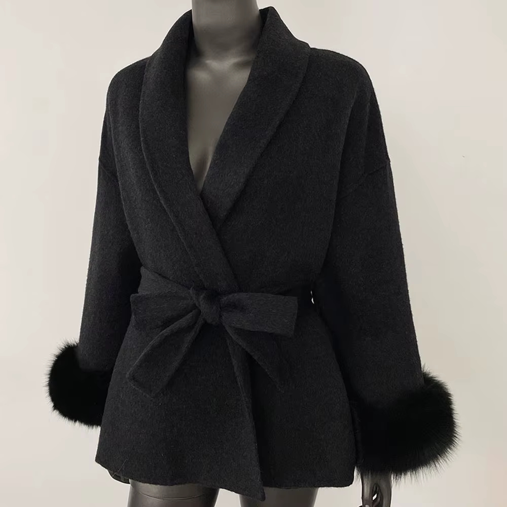 Manteau en laine double face pour femme, mélange de laine, long, élégant, ceinturé, chaud pour l'hiv
