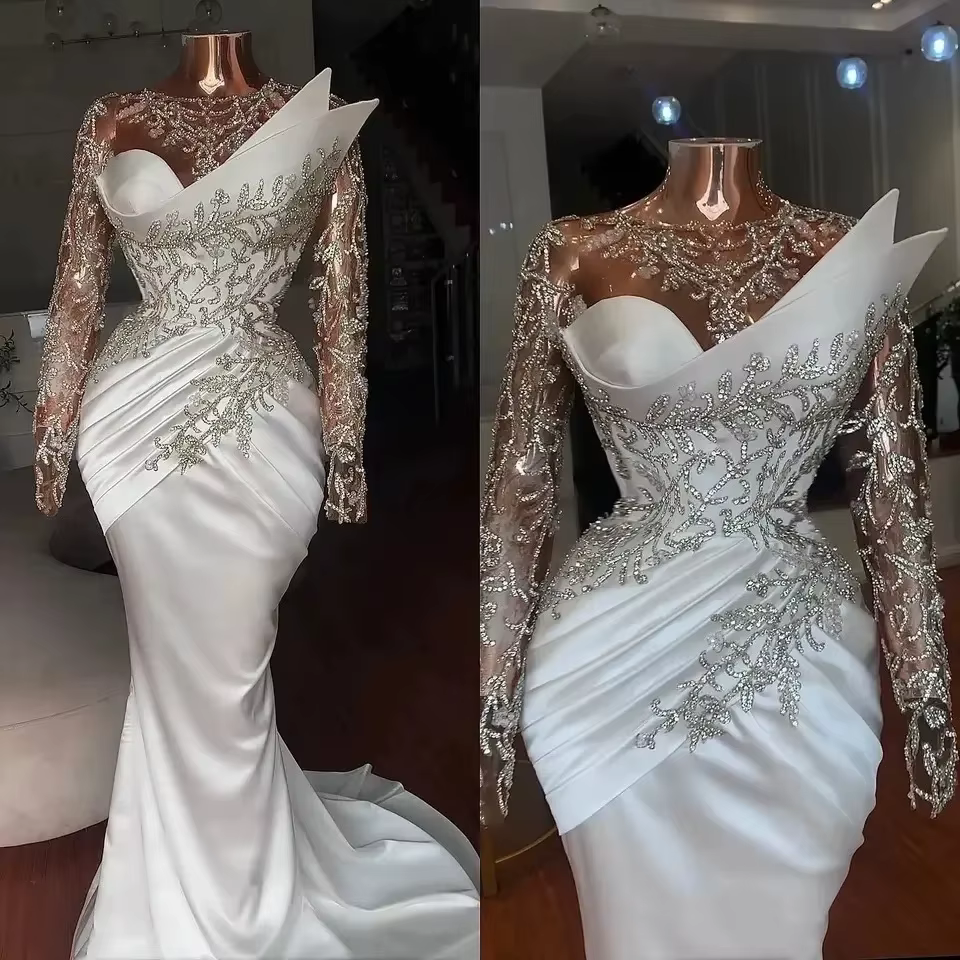 Robes de mariée musulmanes pour filles noires, sirène, manches longues, perlées, Moyen-Orient, Arabi