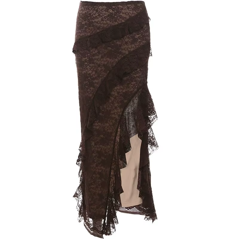 Jupe taille haute en dentelle pour femmes, avec épissure à volants et fente, robe amincissante et al