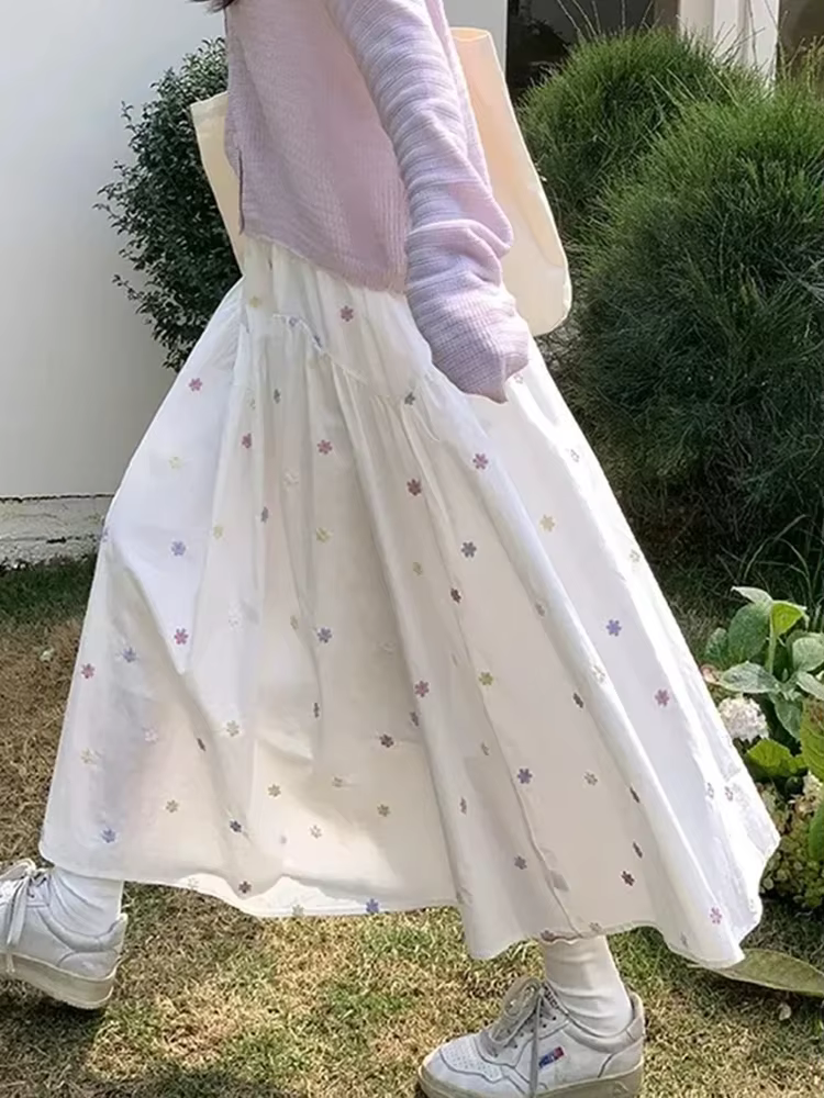 Élégant doux Floral jupes longues femmes taille haute jupe ample français Vintage décontracté Style 