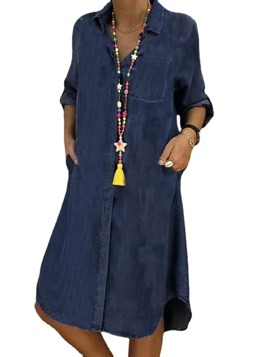 Chemise longue robe en jean femmes manches longues Resses loisirs col rabattu poche solide longue fe