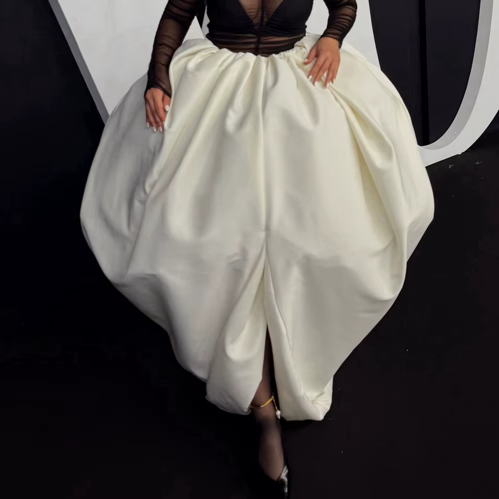 Jupe longue plissée fendue taille haute en satin bouffant pour femme, style A-line, tendance, de cré