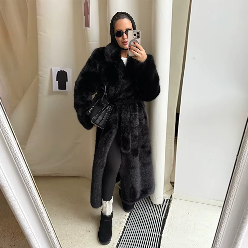 Femmes marron fausse fourrure Long manteau ceinturé taille revers col veste 2025 automne hiver dame
