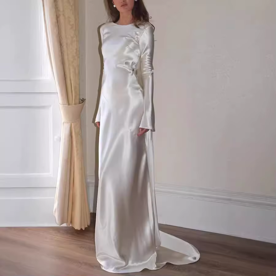 Robe longue femmes robes de soirée trompette Sexy dos nu col rond manches longues Maxi robe été 2025