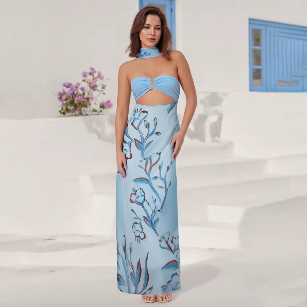 Puloru – robe longue Bandeau élégante avec écharpe ras du cou pour femmes, dos nu, découpe, sans bre