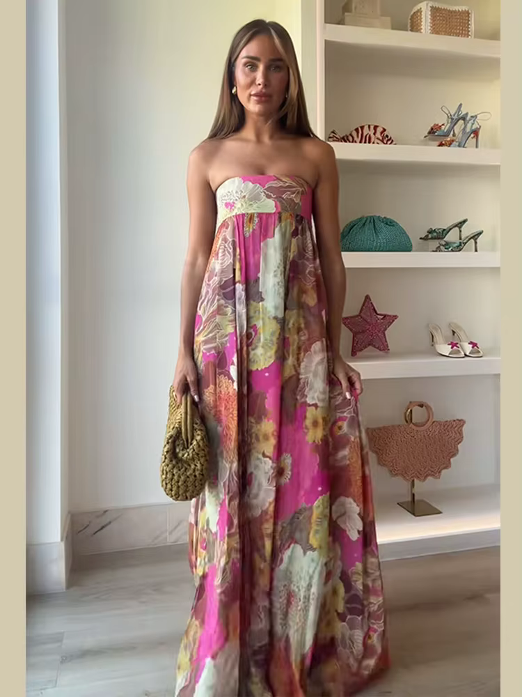 Robe longue plissée à imprimé Floral pour femmes, Chic, Sexy, sans bretelles, dos nu, ample, tenue d
