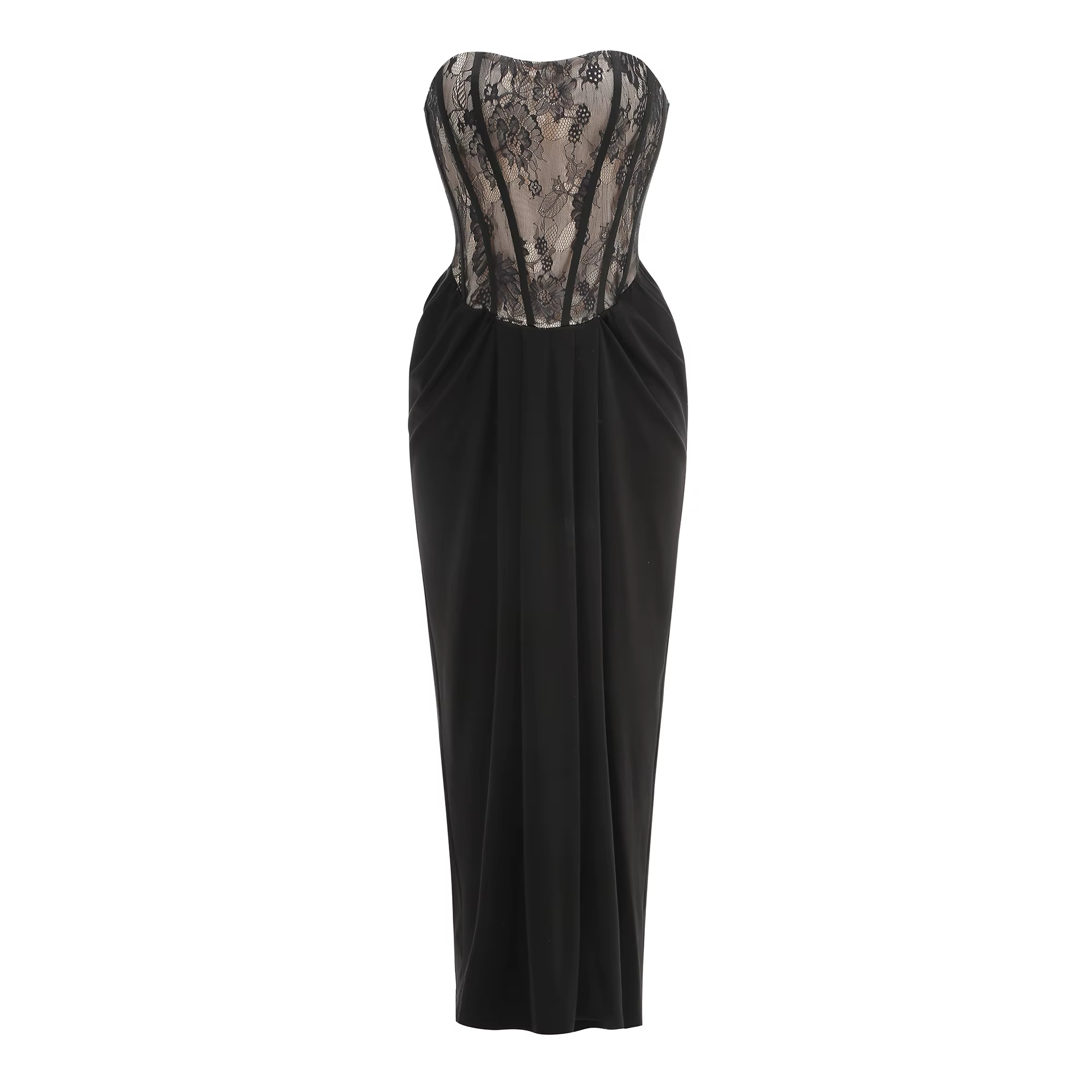 Robe longue de soirée élégante avec corset en dentelle sans bretelles noire – Robe formelle avec jup