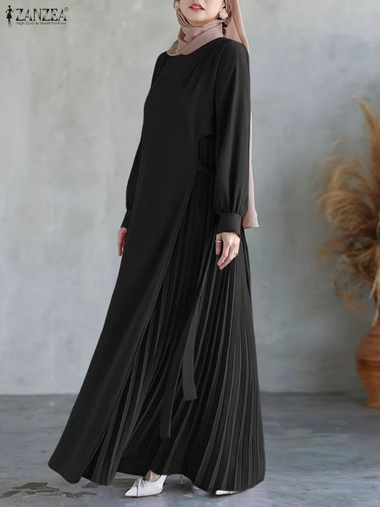 Hijabs femmes Ramadan Maxi robes longues asymétrique plissé Patchwork taille nouée robe trapèze à ma