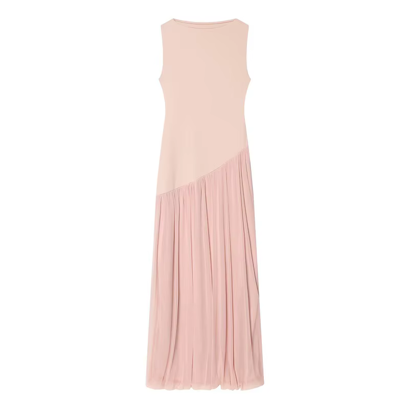 MUJER Robes longues en tulle pour femmes, robe maxi plissée sans manches, robe d'été rose patchwork 