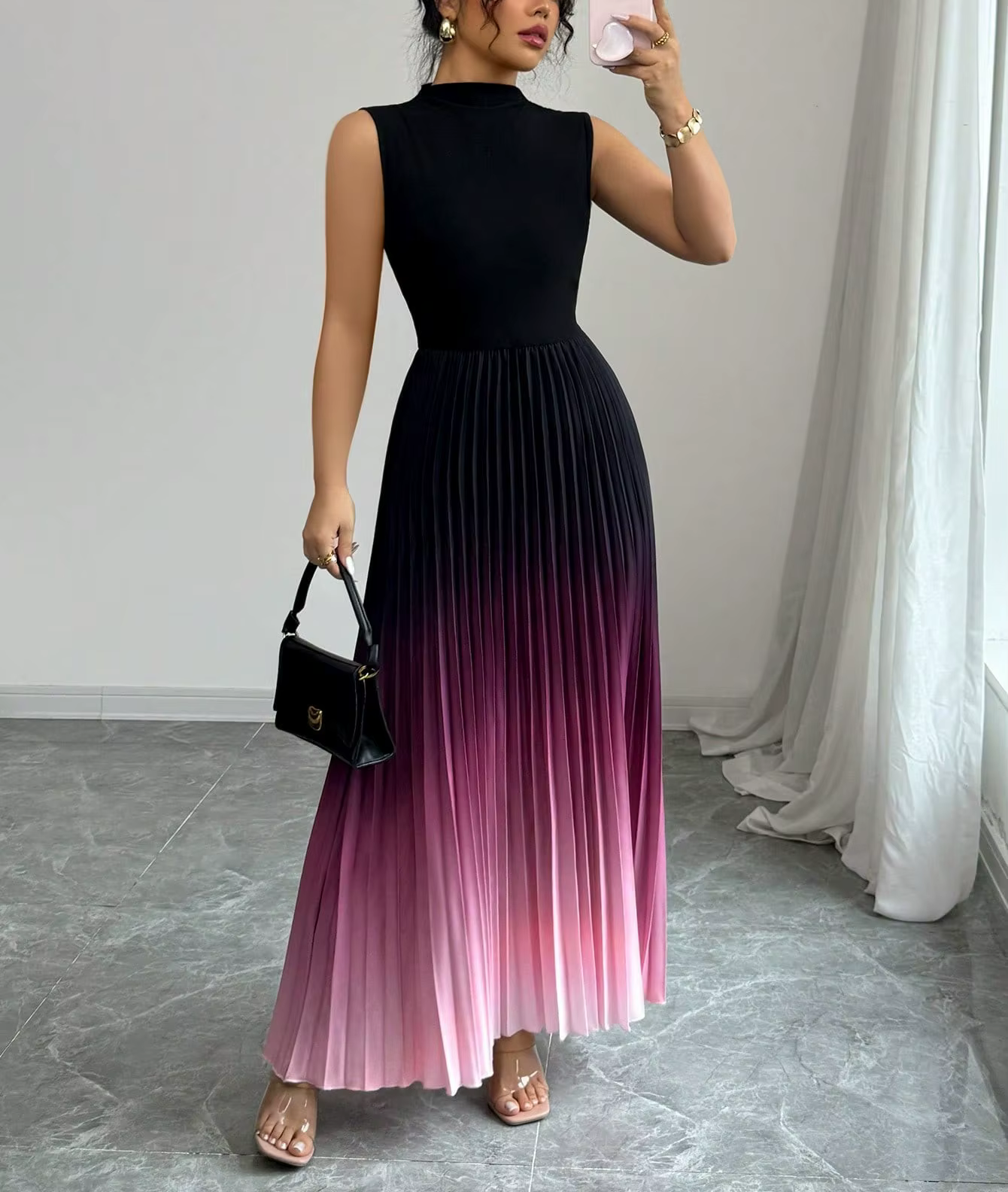 Nouvelles Robes Longues Plissées Élégantes Dégradées Sans Manches pour Femmes 2026 – Jupes Longues A
