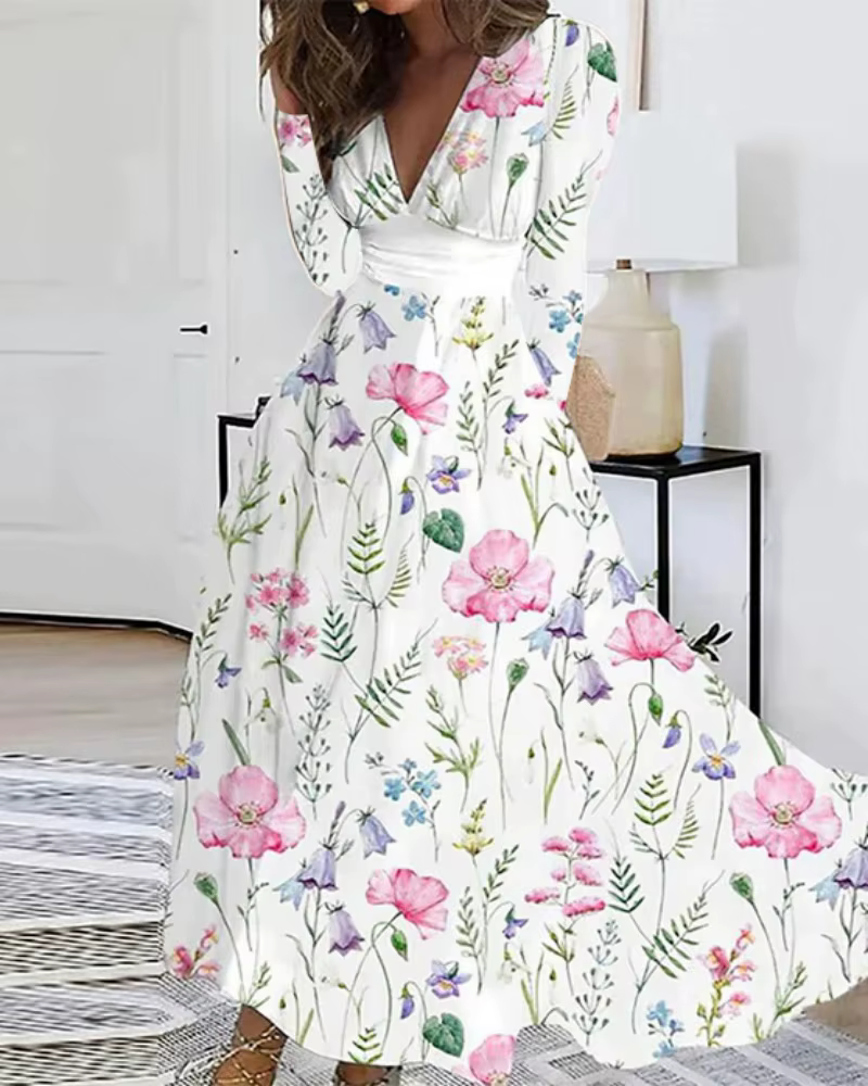 Robe longue fluide à imprimé floral bohème, col en V profond, manches longues, taille haute, avec mo