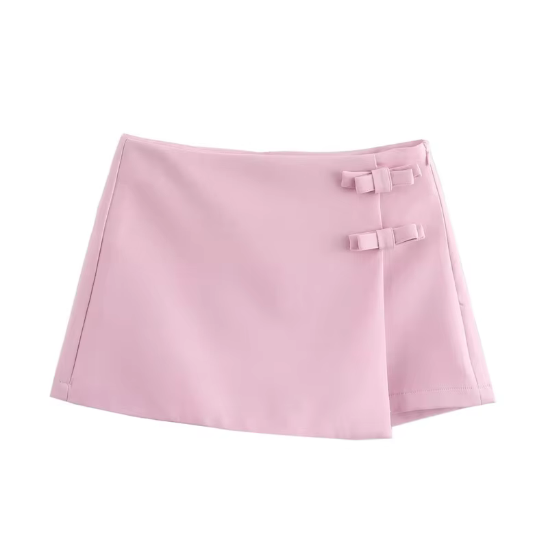 Jupe-short rose et blanche pour femme, mini-jupe tendance avec nœud, jupe courte fendue d'été, jupe-