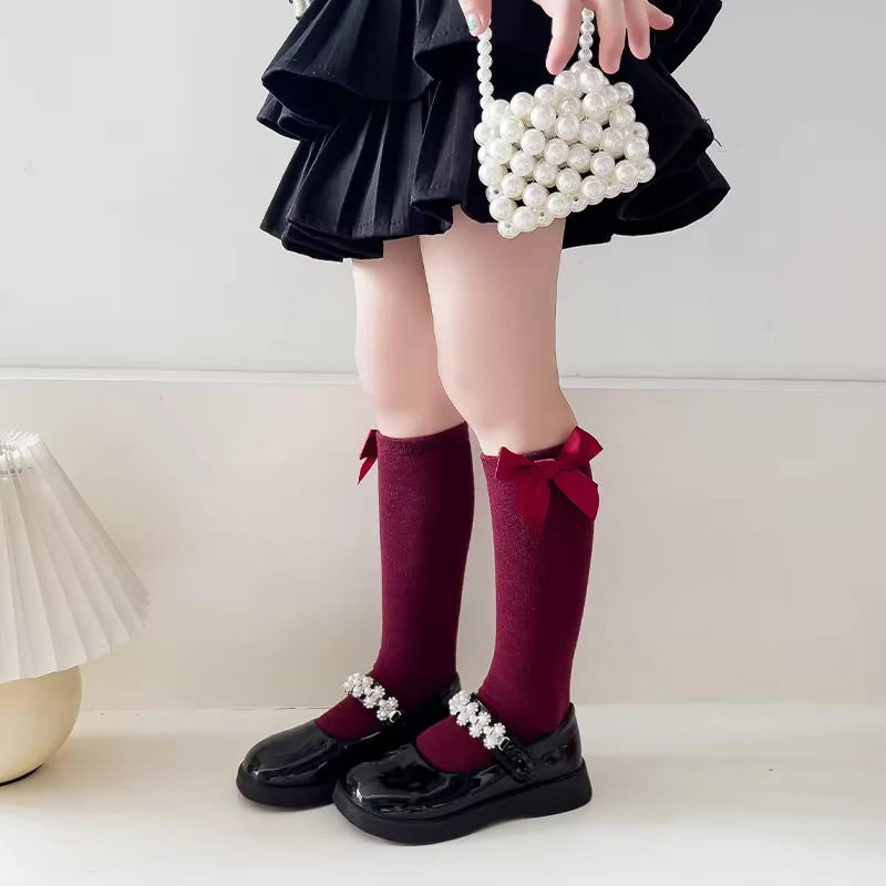 Chaussettes mi-hautes pour fille, style Lolita, version coréenne, avec nœud, couleur unie, pour peti