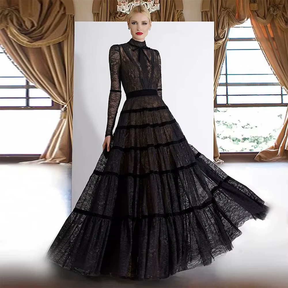 Robe de soirée en dentelle noire, col rond, Vintage, manches longues, longueur au sol, en Tulle à pl