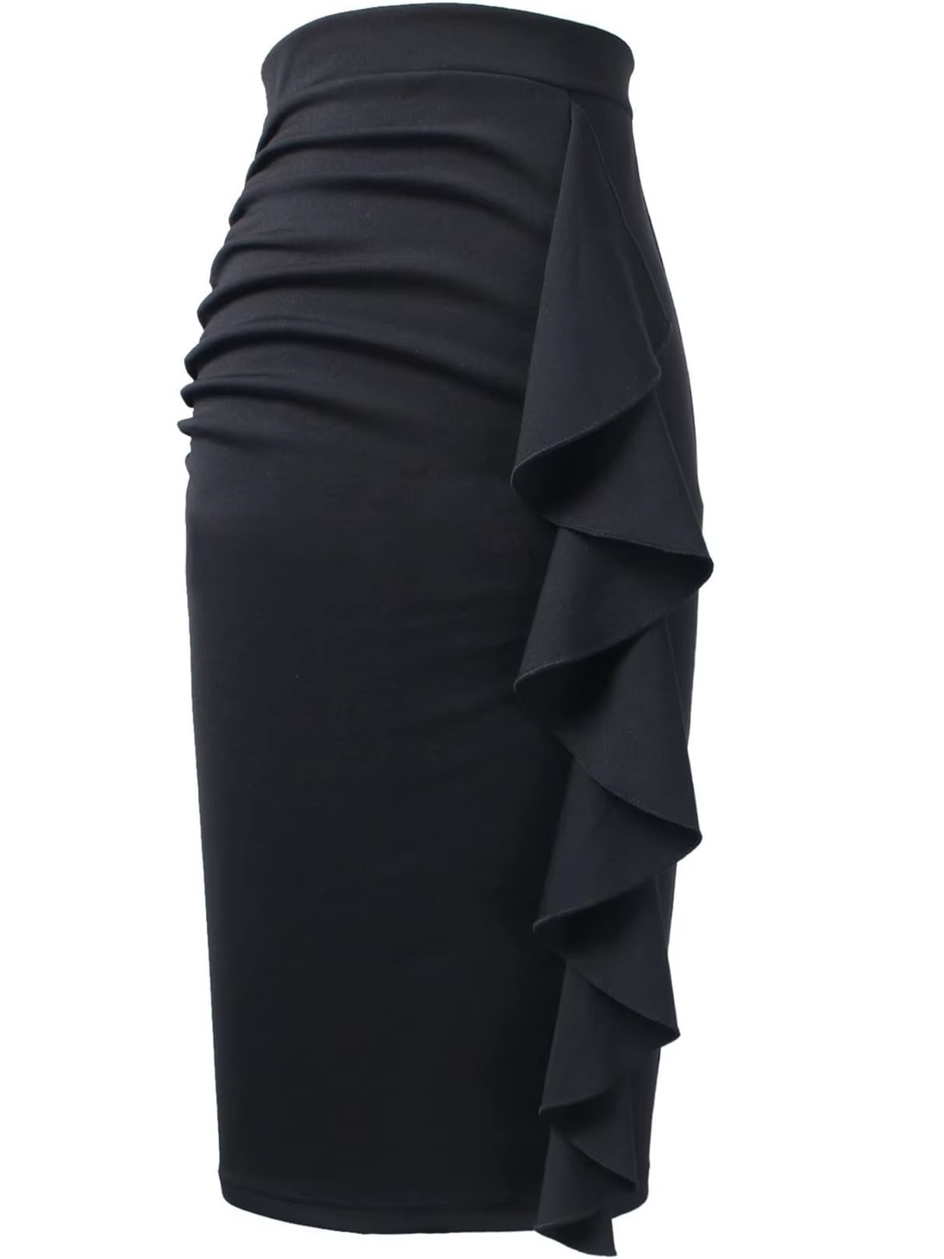 Jupe décontractée taille haute pour femme, style ajusté, longueur genou, avec volants et fente latér
