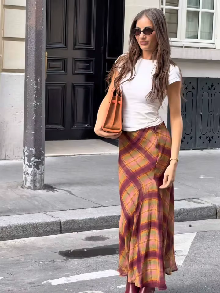 Falls – ensemble jupe mi-longue à carreaux pour femme, pull à manches bouffantes, Style rétro, haut 