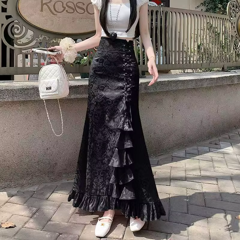 Femmes jupe Midi printemps été coupe ajustée taille haute jupe longue Vintage à lacets volants rose 