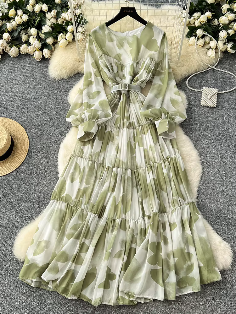 Robe longue imprimée à manches longues pour femmes, grande balançoire, mode française, Style plage,