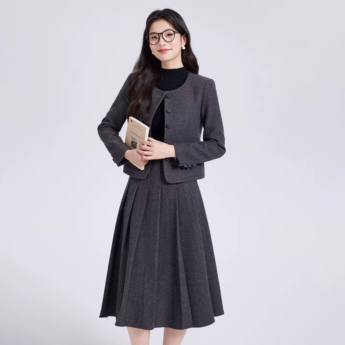 Ensemble 2 pièces en Tweed pour femmes, veste courte à manches longues, simple boutonnage et jupe pl