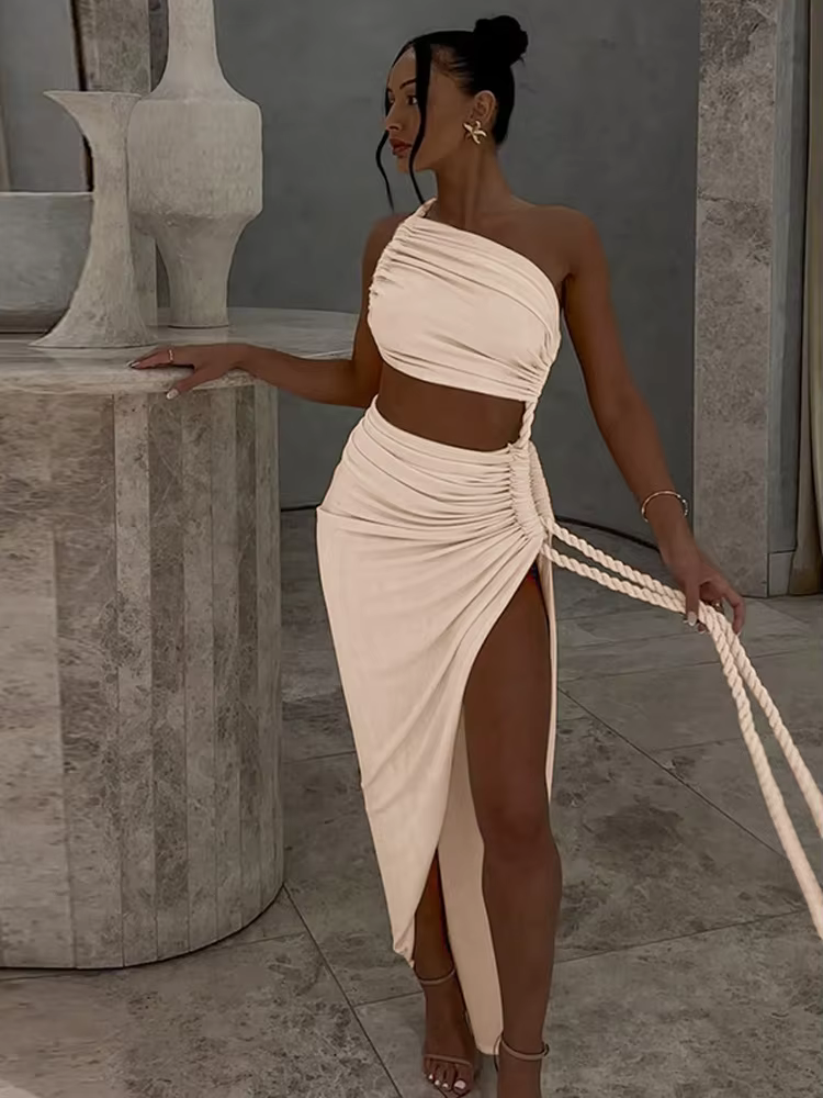 Dames Lrregural une épaule élégante robe de soirée femmes dos nu côté fendu longues robes femme vête