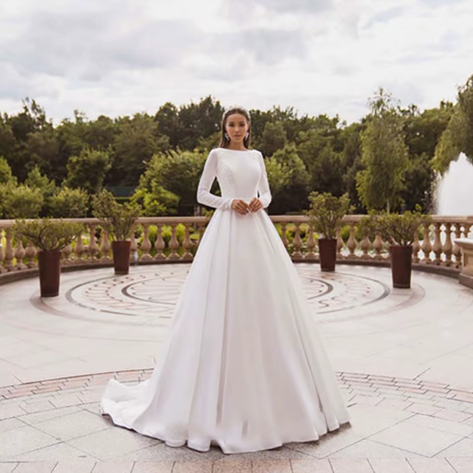 Robes de mariée élégantes en satin 2025 à manches longues, robe de mariée en dentelle, robe de bal s