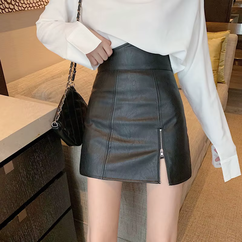Jupes en cuir à fermeture éclair fendue, taille haute, ligne A, bas moulant pour femmes, Mini jupe g