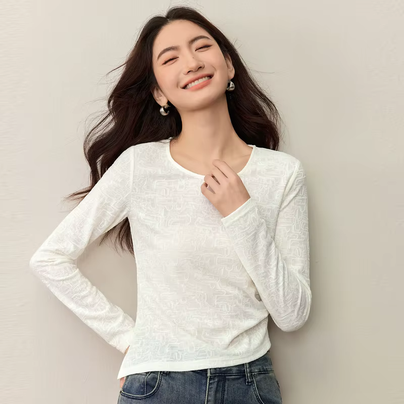 T-shirt à manches longues SENTUBILA Automne 2026 en dentelle tricotée col rond coupe ajustée romanti