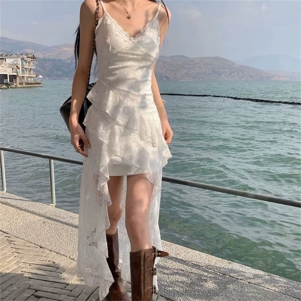 Robes longues en dentelle blanche pour femmes, sans manches, à volants, Slim, irrégulière, Sexy, pou