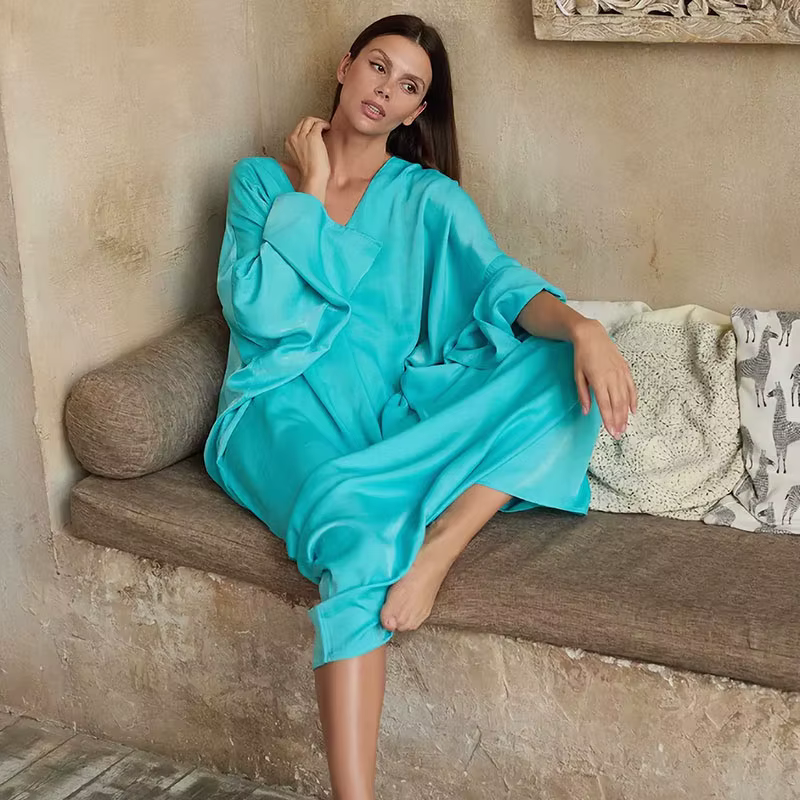 Robe longue ample pour femmes, col en v, manches longues, rubans à lacets, drapée, couleur unie, rob