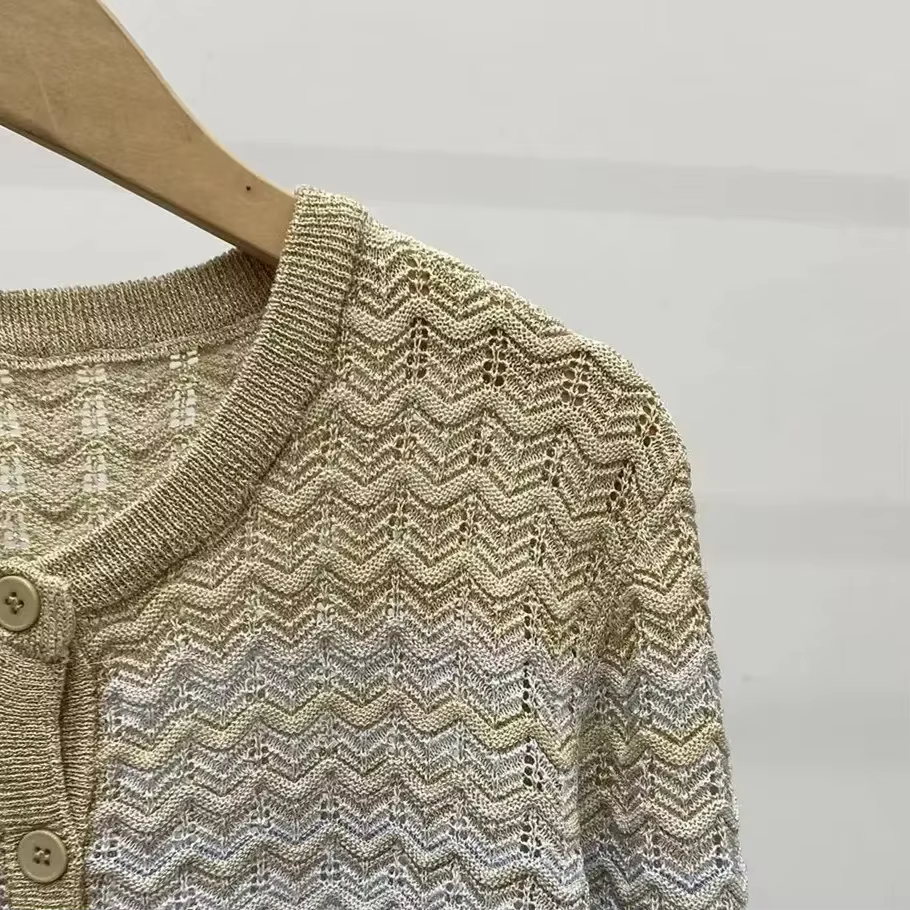 Robe en tricot pour femme à motif ondulé dégradé, sans manches, col rond, coupe ajustée, ajourée, lo