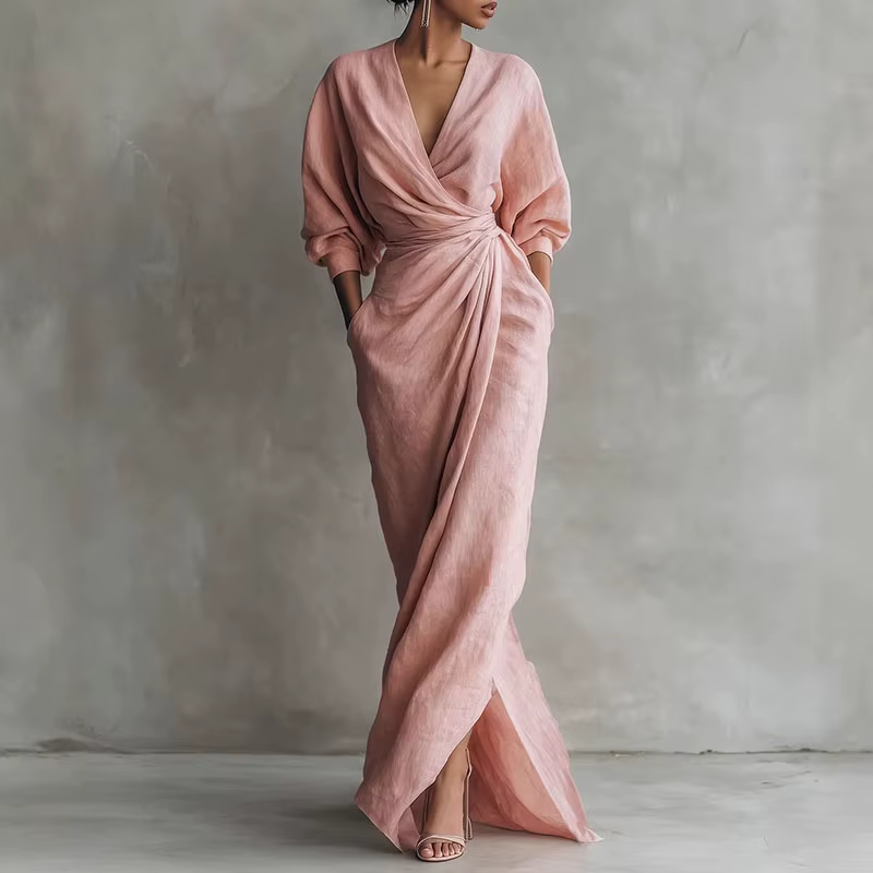 Robe longue moulante élégante pour femme, col en V, taille nouée, manches longues, fendue, couleur u