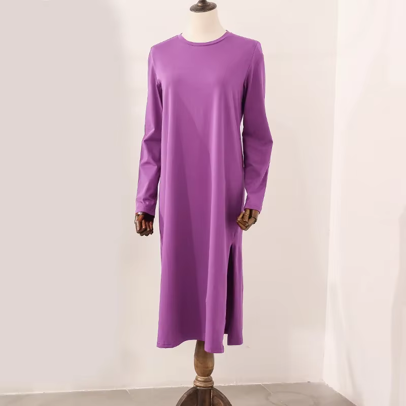 Robe longue décontractée en coton pour femme, ample, à manches longues, col rond, couleur unie, styl