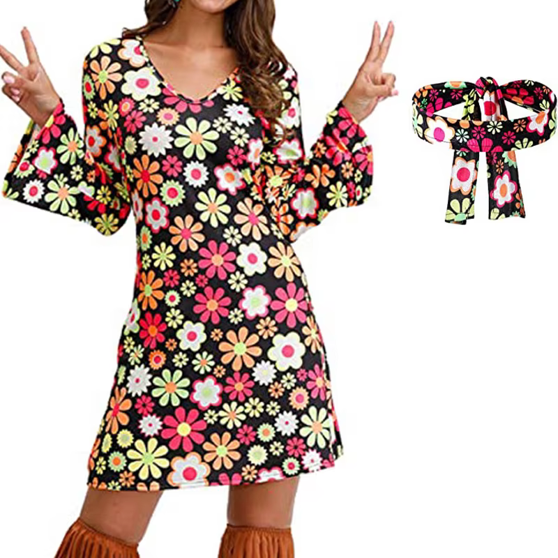 Costume Disco Hippie des années 70 pour femmes, robe imprimée à la mode, col rond, manches longues +