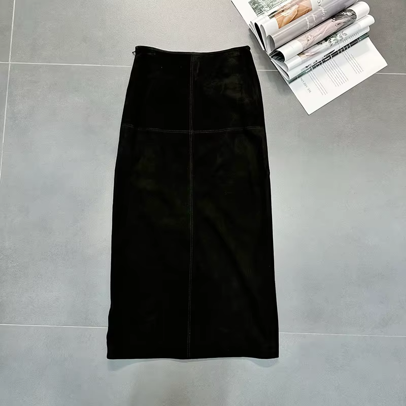 Femmes en cuir véritable Jupe taille haute café longue enveloppement hanche Style printemps automne 