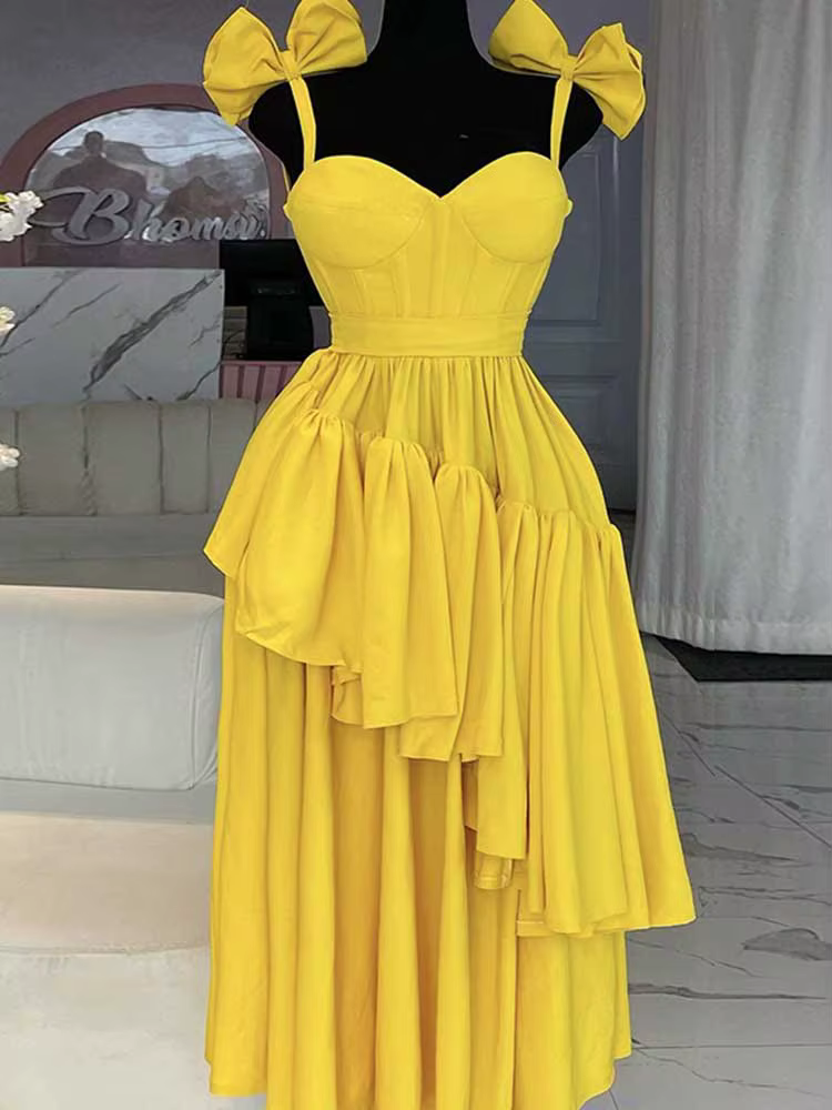 Robe longue jaune clair pour femmes, tenue de soirée élégante, avec nœud spaghetti, sexy, sans brete
