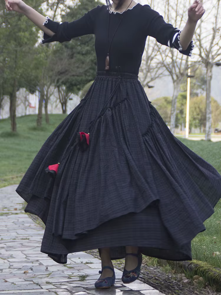 Jupe longue médiévale en coton et lin pour femme, imprimé Dubaï, Turquie, rétro, Eid, à lacets, musu