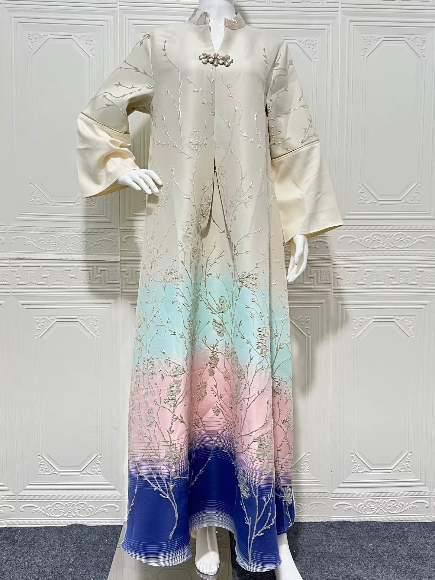Robe longue élégante de style musulman haut de gamme, brodée, dégradée, en tissu polyester, pour Dub