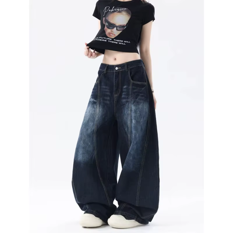 Jeans en denim rétro américain coupe droite pour hommes et femmes, jambe large, coupe ample, longueu