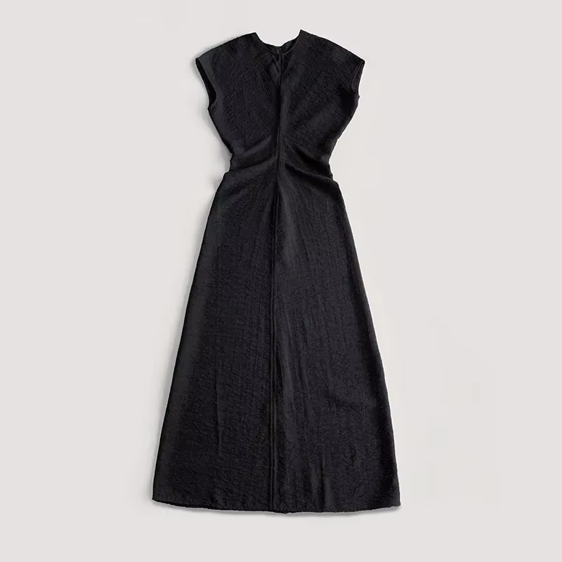 Robe minimaliste mi-mollet pour femmes, col rond, fermeture éclair, drapée, plissée, élégante, été