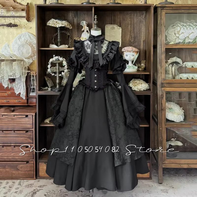 Robe de bal gothique médiévale noire à manches longues, évasée, en dentelle, à volants, corsetée, co