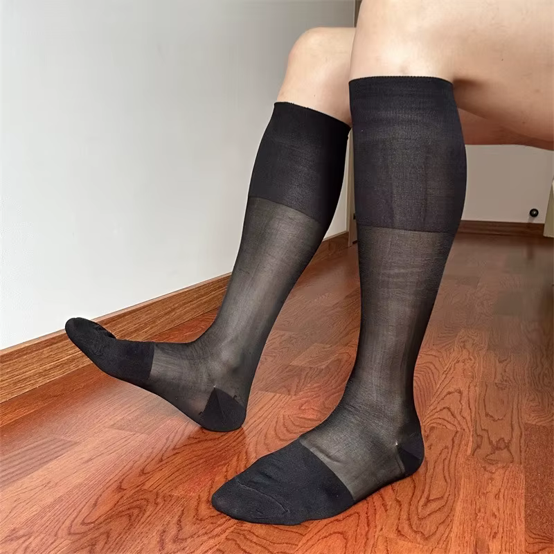 Nouvelles chaussettes longues marron pour homme, super qualité, sexy, transparentes, pour mollets ma